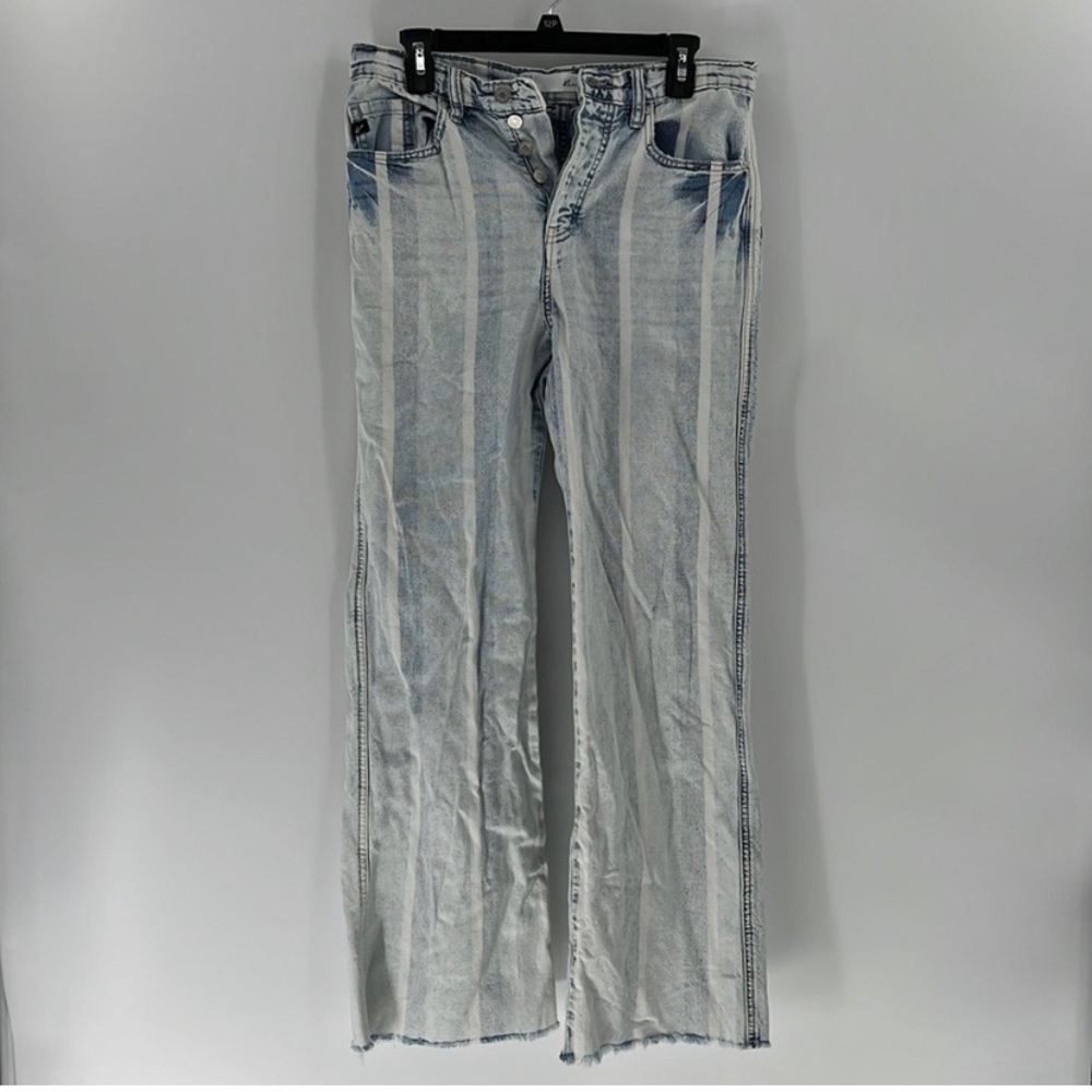 Kancan High Rise Wide Leg Button fly Blue White Striped jeans raw hems size 27